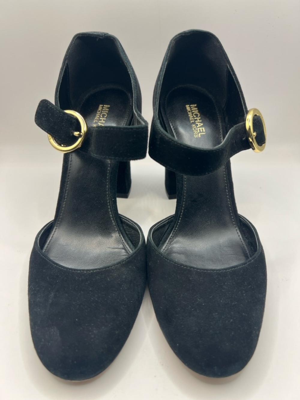 MICHAEL Michael Kors Black Suede Mary Jane Block Heels with Gold Buckle